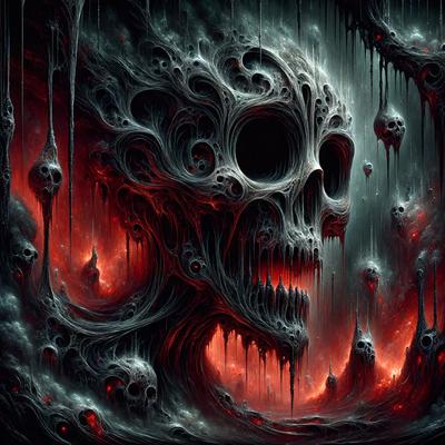 The primary subject of the image is a skull with a red background. The skull is surrounded by a variety of smaller skulls, creating a visually striking scene. The setting appears to be a dark, moody environment, possibly a nightmare or a surreal landscape. The visual style of the image is digital art, with the skulls and background being rendered in a detailed and intricate manner. The dominant colors in the image are red and black, giving the scene a dramatic and intense atmosphere.